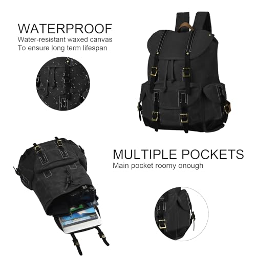 Heavy-Duty Waxed Canvas Rucksack Backpack - color: Black, size: 400 x 340 x 190 mm - Standard