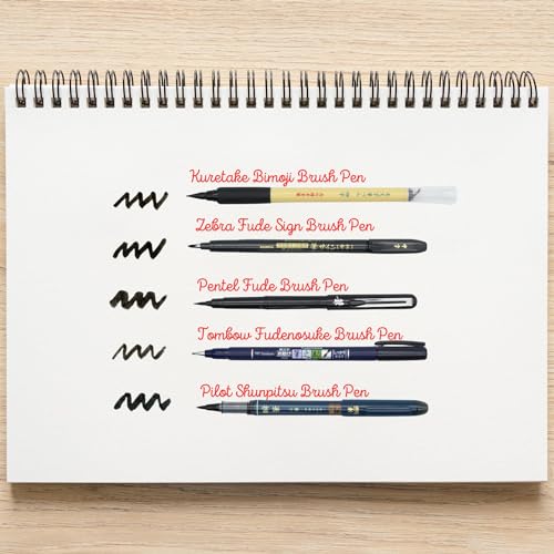 Japanese Brush Pen Sampler Set of 5 Bold Medium Fine Hard Soft Black