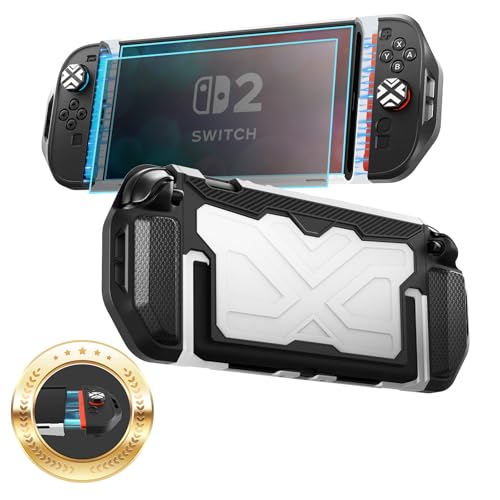 Toladoshop Dockable for Switch 2 Grip Case (2025) Accessories, Armor Slim Military-Grade Protection for Detachable 3PCS Design Joncon Holder with Screen Protectors and Joystick caps, White - color: Black-White