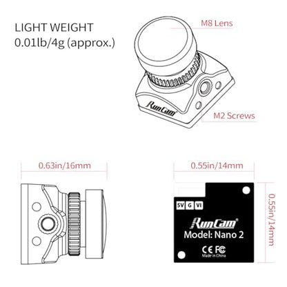 RunCam Nano 2 700TVL Analog FPV Camera, 1/3" CMOS NTSC - size: 2.1mm FOV 155°