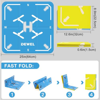 DEWEL 25 Inch Drone Landing Pad, Weighted Fast Fold Waterproof PU Drone Pad - color: 64CM(Yellow/Blue)