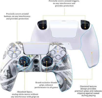YoRHa Grip Texture Silicone Skin for PS5 Controller x 2(US Dollars) with Pro Thumb Grips x 8
