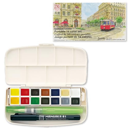 Kuretake Gansai Tambi Portable Watercolor Paint Set, 14 Colors, Japan