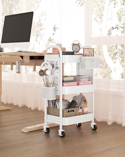 ALVOROG 3 Tier Metal Rolling Utility Cart with Pegboards,Baskets,Hook,White - color: White
