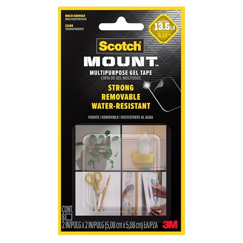 Scotch-Mount Multipurpose Gel Tape Squares, Double-Sided Removable Mounting, 2-Inch Clear Squares, 8 Pack, Holds Up to 20 lbs, Water-Resistant & Weatherproof - style: 8 Count