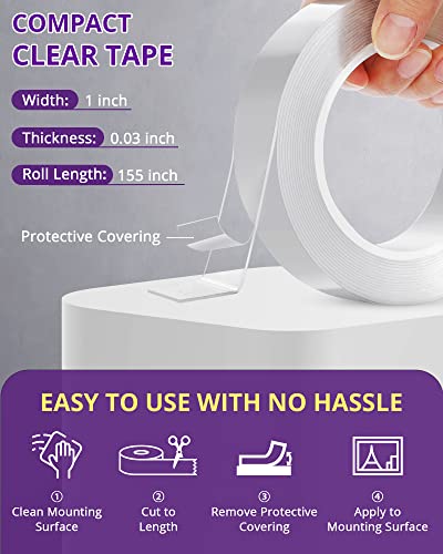 HitLights Clear Double Sided Tape Heavy Duty, Strong Adhesive, 155in x 1in