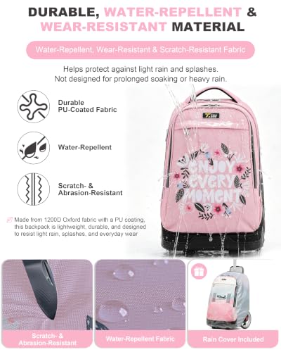 NEW TILAMI 19 Inch Rolling Backpack for School Stair-Climbing Big Wheel - color: Pink Flower