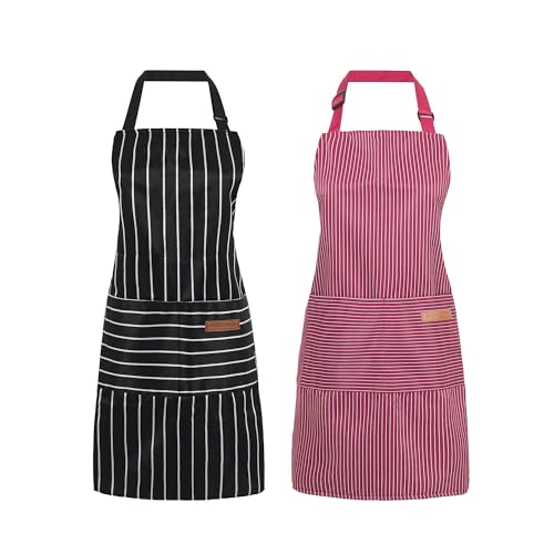 2 Pack Cooking Aprons Adjustable Bib Apron for Women with 2 Pockets, Kitchen Restaurant Men Chefs Aprons - color: Black/Wine Stripes