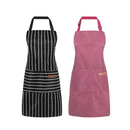 2 Pack Cooking Aprons Adjustable Bib Apron for Women with 2 Pockets, Kitchen Restaurant Men Chefs Aprons - color: Black/Wine Stripes