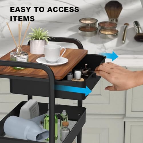 3 Tier Rolling Cart with Drawer, Metal Utility Cart with Table Top - color: Black