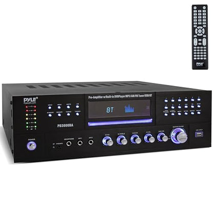 Pyle 4 Channel Bluetooth Home Amplifier - Front Loading DVD/CD Player - 3000W Peak Stereo Receiver - 2 Mic Inputs w/ Echo, FM Radio,Optical In,USB,RCA,Composite, LED Level Meter, Rack Mount - PD3000BA - style: 3000W