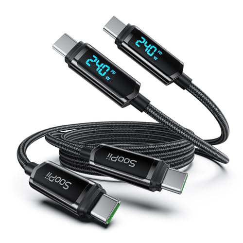 SOOPII 240W USB C to USB C Cable with LED Display,Nylon Braided [4FT/2Pack] - color: Black, size: 4 Feet (2-Pack) 240W