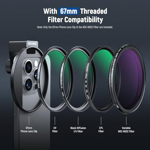 NEEWER 67mm Clip On Variable ND Filter Kit with Cold Shoe Phone Clip, Adjustable ND2-32 Filter Compatible with iPhone 17 16 15 Pro Max Plus Android Samsung Galaxy S24 S25 Ultra - style: ND2-ND32 w Threaded Adapter Ring