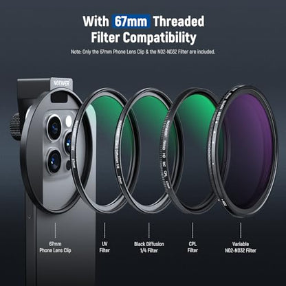 NEEWER 67mm Clip On Variable ND Filter Kit with Cold Shoe Phone Clip, Adjustable ND2-32 Filter Compatible with iPhone 17 16 15 Pro Max Plus Android Samsung Galaxy S24 S25 Ultra - style: ND2-ND32 w Threaded Adapter Ring