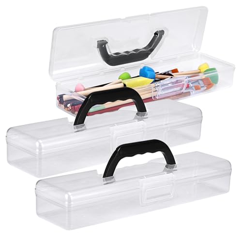 BTSKY 3 Pack Clear Plastic Painting Brush Container with Black Handle, Portable Long Paintbrush Case, Drawing Tools Storage Box, Practical Art Supply Organizer for Artist Crafters, 13.2"x3.5"x2.4"