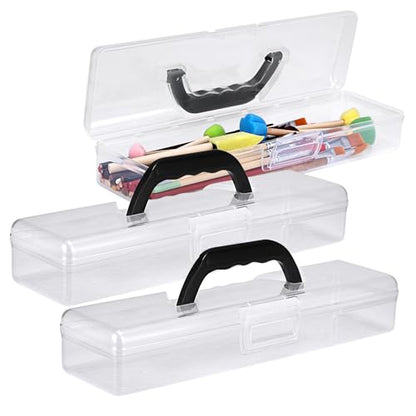 BTSKY 3 Pack Clear Plastic Painting Brush Container with Black Handle, Portable Long Paintbrush Case, Drawing Tools Storage Box, Practical Art Supply Organizer for Artist Crafters, 13.2"x3.5"x2.4"