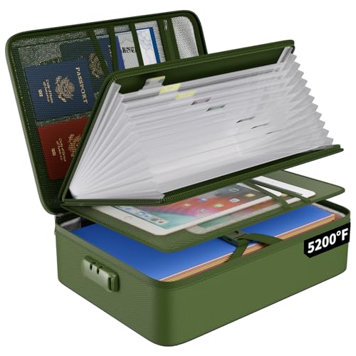 ENGPOW Fireproof Document Organizer Bag with Lock ＆ Accordion File Folder - color: Green, size: 15.1" x 11.2" x 4.3"