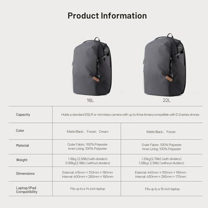 PGYTECH OneGo Lite Camera Backpack 16L Lightweight Camera Bag Cream - color: Cream, size: 16 L