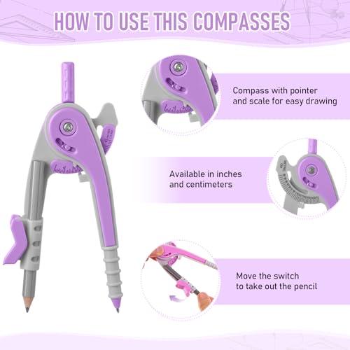 Eboot Student Geometry Math Set, Drawing Compass and 6 in, Lavender Purple - color: Lavender Purple