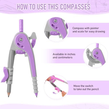 Eboot Student Geometry Math Set, Drawing Compass and 6 in, Lavender Purple - color: Lavender Purple