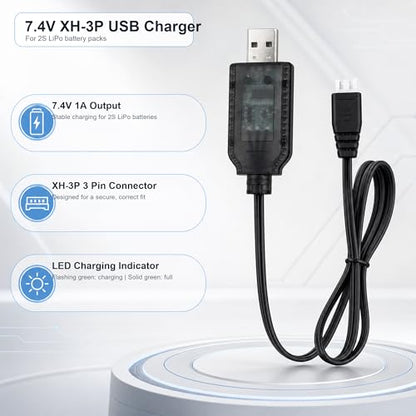 7.4V, 3 Pin USB Charger Compatible with Gel Blaster, Splatter Ball Gun, SCX24 RC Car, Drone - XH-3P 2S Lipo Battery Charger Cable (1.8Ft)