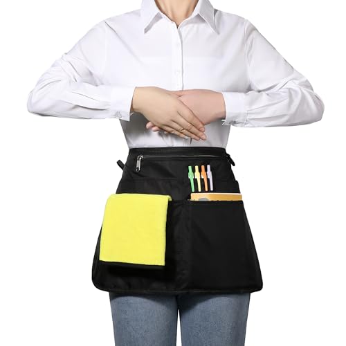 Waterproof Server Apron for Women with 6 Pockets,Quickly Put on and Take off Waitress Apron,Work Apron for Bartender Barista - color: Black