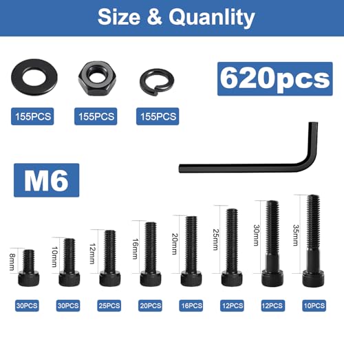 620Pcs M6 Screw Kit, Hex Socket Head Cap M6 Screws, M6 Bolts Nuts Washers - color: Black, size: Black M6 (620 Pcs)