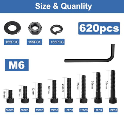 620Pcs M6 Screw Kit, Hex Socket Head Cap M6 Screws, M6 Bolts Nuts Washers - color: Black, size: Black M6 (620 Pcs)