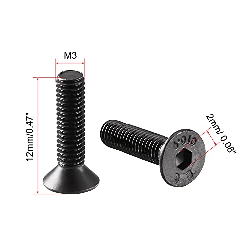 uxcell M3x12mm 10.9 Carbon Steel Countersunk Head Hex Socket Screw (Pack of 50) - size: M3x12mm