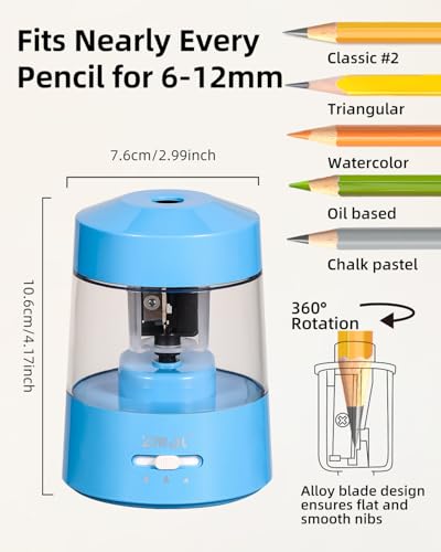 ZMOL Electric Pencil Sharpener Battery Powered, 6-12mm Jumbo Pencils,Blue - color: Blue