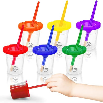 Paint Cups with Lids for Kids 6 No Spill Paint Containers & Paintbrushes - size: 6 Pack