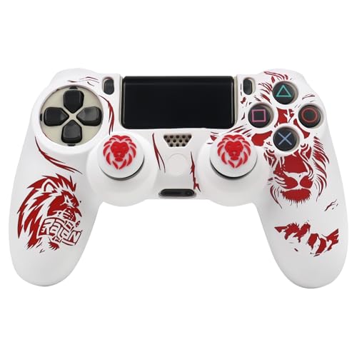 Lion Design Controller Skin Cover with 2 Thumb Grips Compatible with PS4/Playstation 4 Slim/Pro Controller - color: Lion White Red