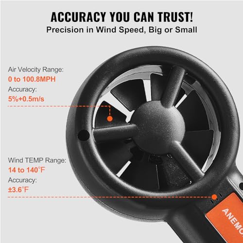 VEVOR Split Handheld Anemometer, 14-140, Digital Wind Speed CFM Meter Gauge with LED Backlight Screen, Measures Wind Velocity Temperature Air Flow, for Sailing Surfing Flying HVAC