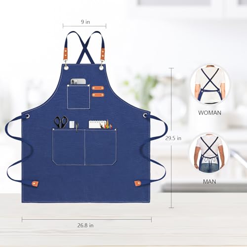 OUNLEN Chef Apron for Men Women Canvas Aprons with 3 Pockets Cross Back Resistant Work Apron for Cooking - color: Dark Blue