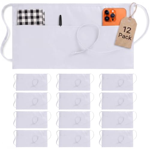 Utopia Wear Server Waist Aprons 12 Pack with 3 Pockets for Men and Women - color: White