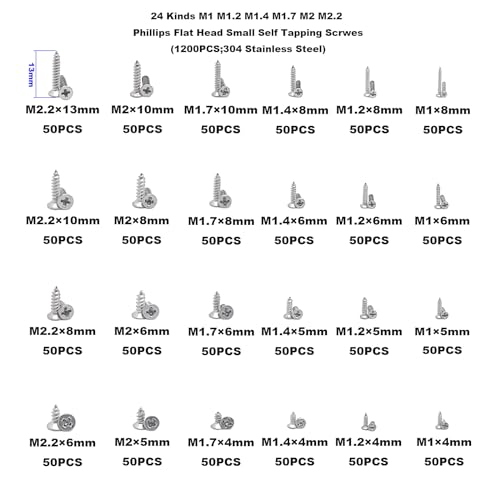 1200PCS M1-M2.2 304 SS Phillips Flat Head Tiny Self Tapping Screw Kit - size: M1 M1.2 M1.4 M1.7 M2 M2.2