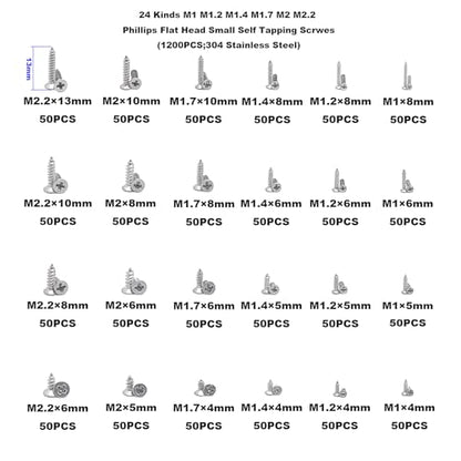 1200PCS M1-M2.2 304 SS Phillips Flat Head Tiny Self Tapping Screw Kit - size: M1 M1.2 M1.4 M1.7 M2 M2.2