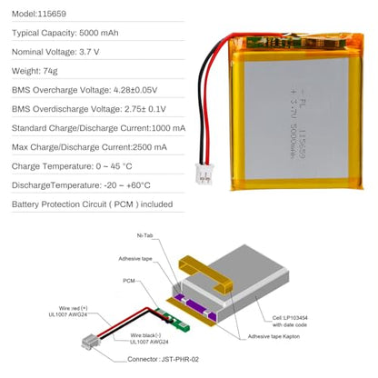 3.7V 5000mAh 115659 LiPo Battery with JST PH2.0mm 2-Pin Connector - size: 115659 5000mAh