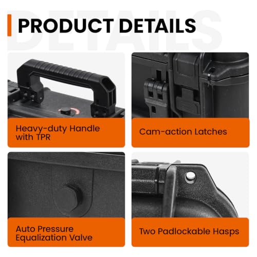 Tactix Hard Case S Waterproof Camera Protective Case IP65 Heavy-Duty with Custom Foam Insert, Fit Use of Drones, Camera, Equipments, Tools, 9.25"x7.48"x4.4" Black - size: S