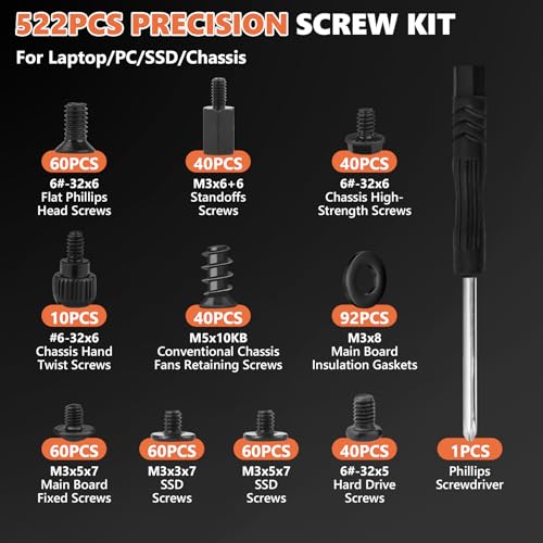 522Pcs Computer Screws Kit, M3 6-32 Motherboard Standoffs for SSD - color: 522Pcs Black Pc Screws