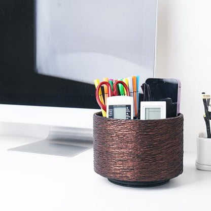 Round Leather Art Supply Organizer,Remote Control Holder,360-degree Rotating Pen Organizer with 4 Compartments(1-Light Tree Brown) - color: 1-Light Tree Brown