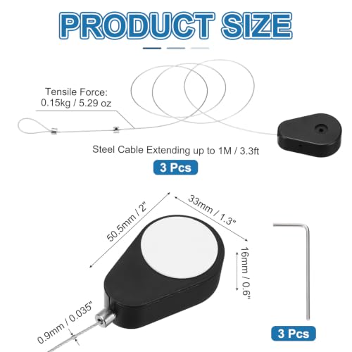 PATIKIL 3.3ft (1M) Retractable Remote Control Cable Tether 1.5N, 3PCS Remote Control Security Lanyard Lock Adjustable Locking Leash with Rope Locks for TV Phone Tablets Showroom, Black - color: Black
