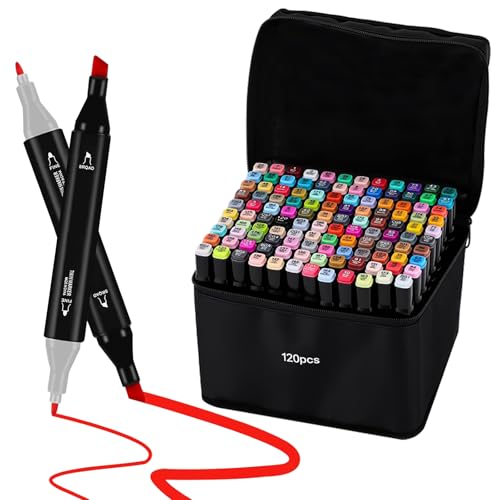 120 Colors Dual Tip Alcohol Markers, Dual Tips Art Markers, Permanent Sketch Marker Set for Adults Coloring, Painting, Sketching, Illustrations - color: 120 Colors