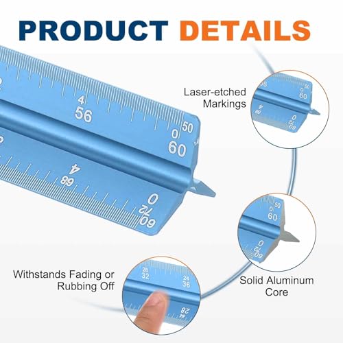 HARFINGTON 2 Pcs Architectural Scale Ruler, 12 Inch Standard Aluminum Alloy Architect Triangular Large Scale Laser-Etched Blueprint Drafting Ruler for Architects Engineers, Blue - color: Blue, size: 12 Inch