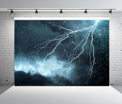 BELECO 8x6ft Fabric Lightning Thunderstorm Backdrop Rainstorm Dark Cloudy Sky Background for Party Decorations Photo Booth Shoot Studio Props - size: 8x6FT