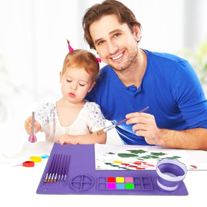 DIYDEC Silicone Art Mat 20x16 Inch - Large Silicone Painting Mat with Detachable Cup, 10 Painting Brushes, 5 Sponge Brushes - Kids & Adult DIY Accessories (Purple) - color: Purple