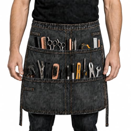 Denim Apron, Waist Apron with Pockets and Adjustable Long Ties - color: Waist Apron-black, size: Medium