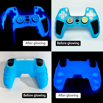 2 Pack Glow in the Dark Controller Skin Silicone Grip Protective Case Cover and 4 Thumb Grips caps Accessories. (2 Pack Glow Blue Black) - color: 2 Pack Glow Blue Black