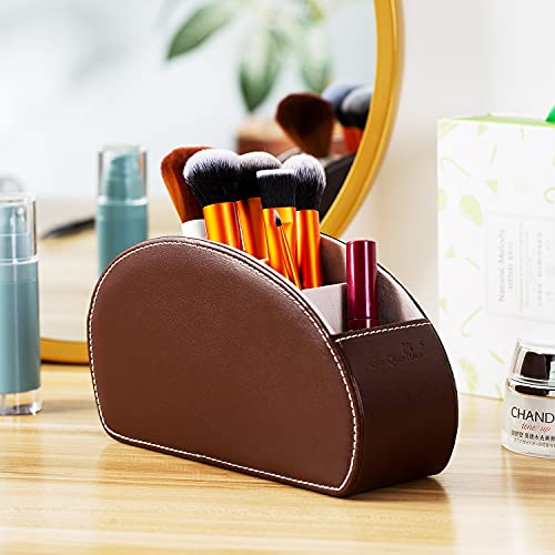 Remote Control Holder , PU Leather Organizer Box with 5 Compartments for Table Bed Office ,Remote Caddy Desktop Storage Home Accessories for Controllers , Media Player ,Make up Brush ,Pen (Brown-A)
