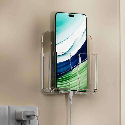 1Pcs Multifunction Organizer Storage Box Home Wall Mounted Punch Free TV Remote Control Mobile Phone Charging Storage Bracket (Transparent) - color: Transparent